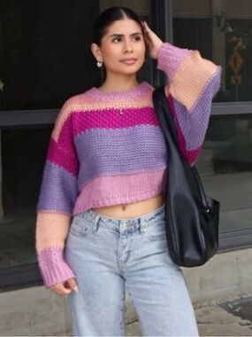 Le Lis Striped Cropped Sweater in Purple, Pink & Peach